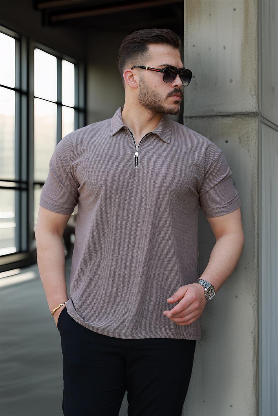 likrali örme yarim fermuar polo yaka erkek tişört - Justyol