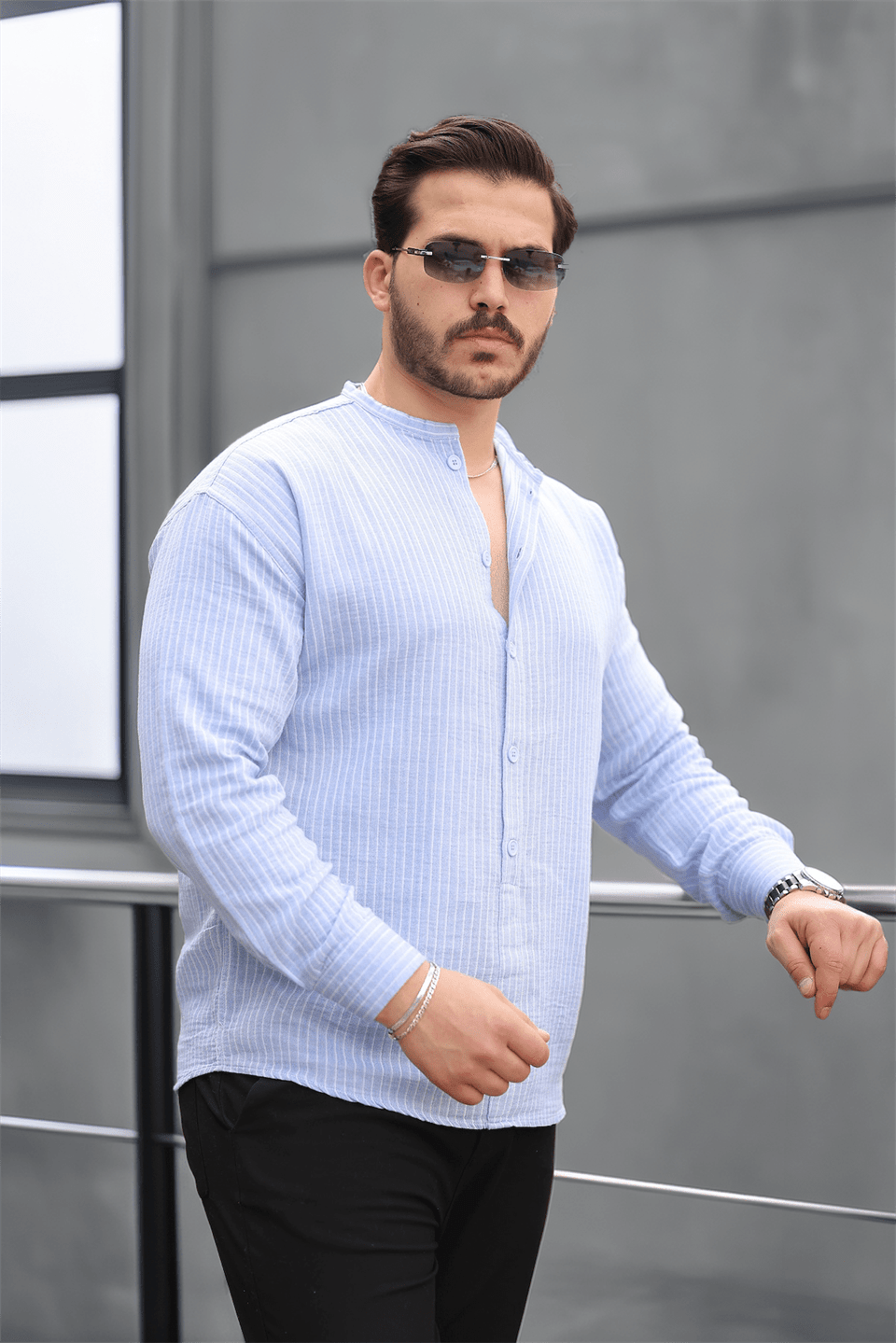 çizgili müslin kumaş yarim pat erkek gömlek - Justyol