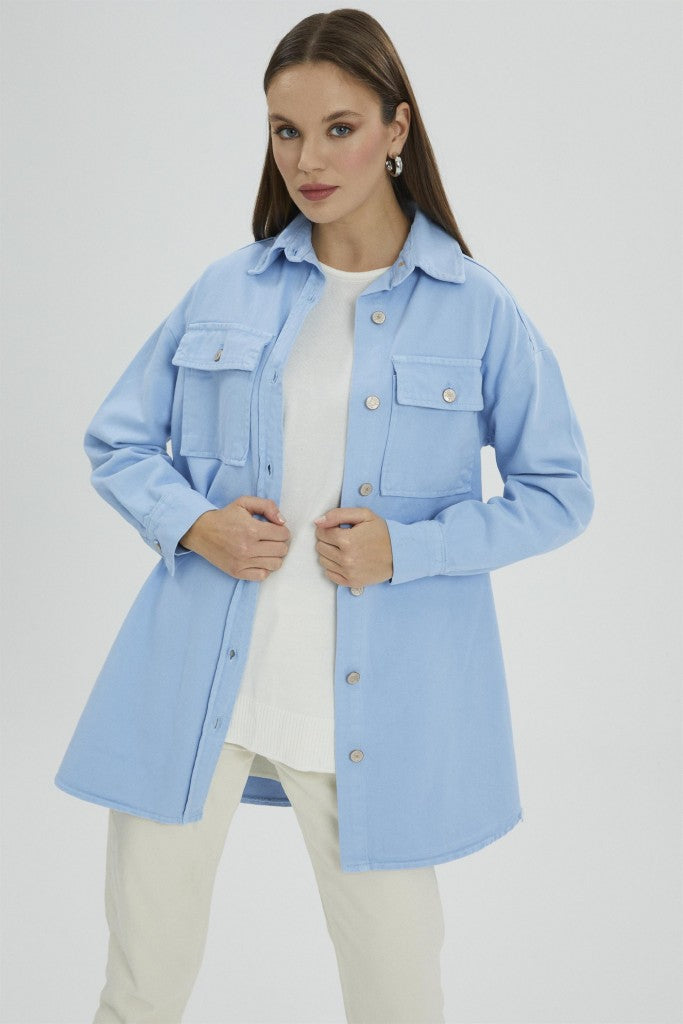 <tc>Chemise Longue en Jean Bleu Clair avec Détails de Poches G-0043</tc>