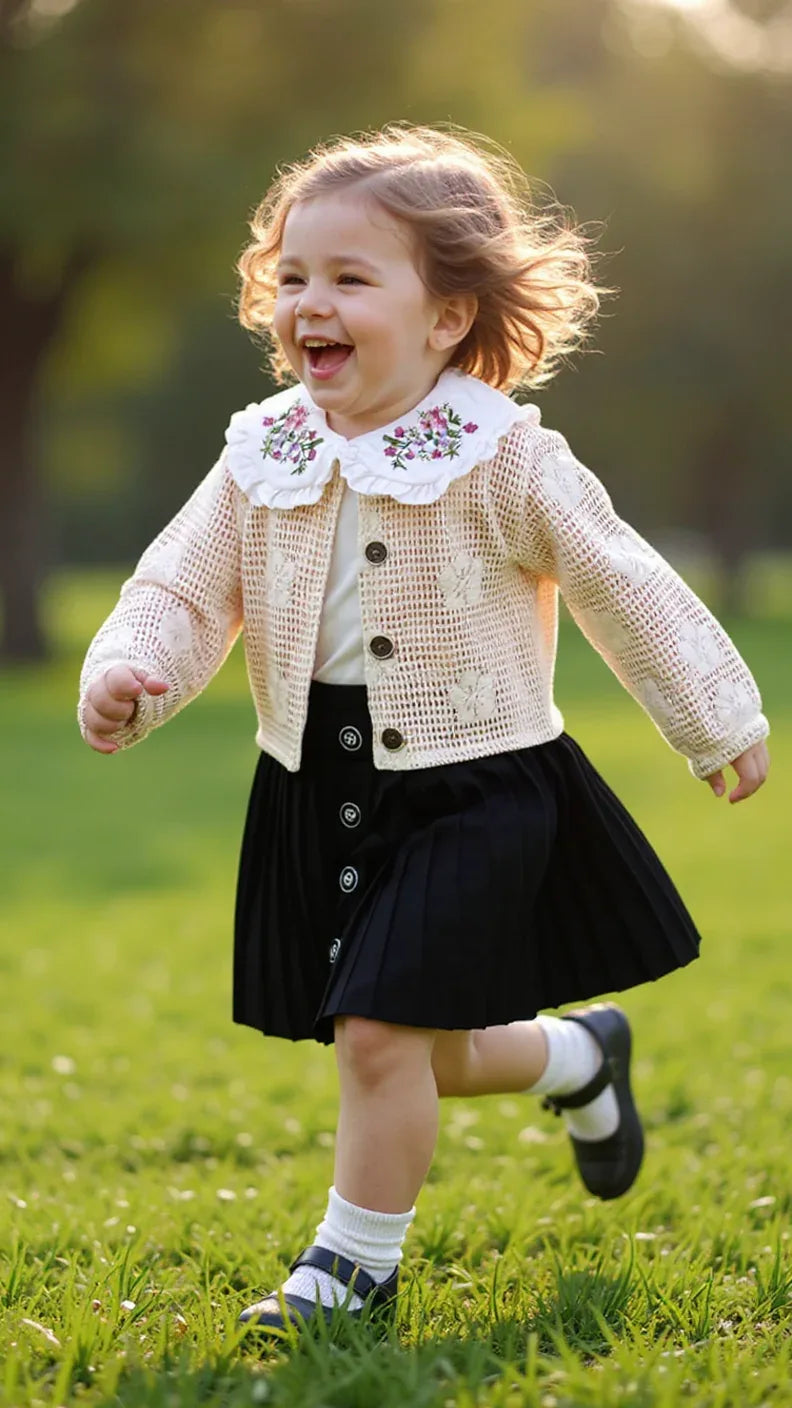 Tenue Élégante 3 Pièces pour Fille - Jupe Chic, Blouse Blanche et Veste Tricotée