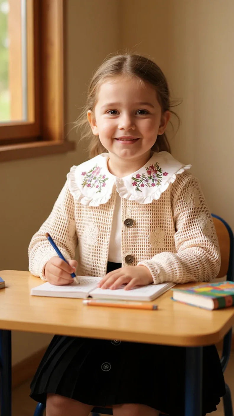 Tenue Élégante 3 Pièces pour Fille - Jupe Chic, Blouse Blanche et Veste Tricotée