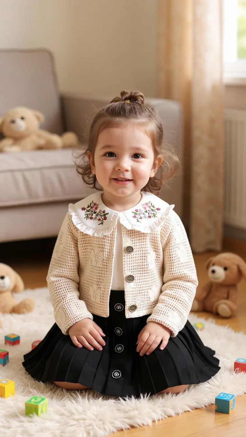 Tenue Élégante 3 Pièces pour Fille - Jupe Chic, Blouse Blanche et Veste Tricotée