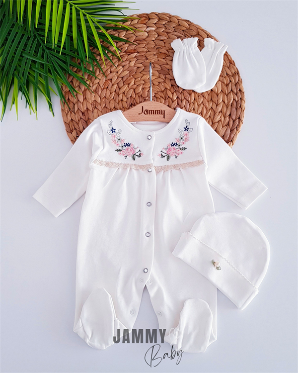 floral embroidered hat and overalls set-ekru