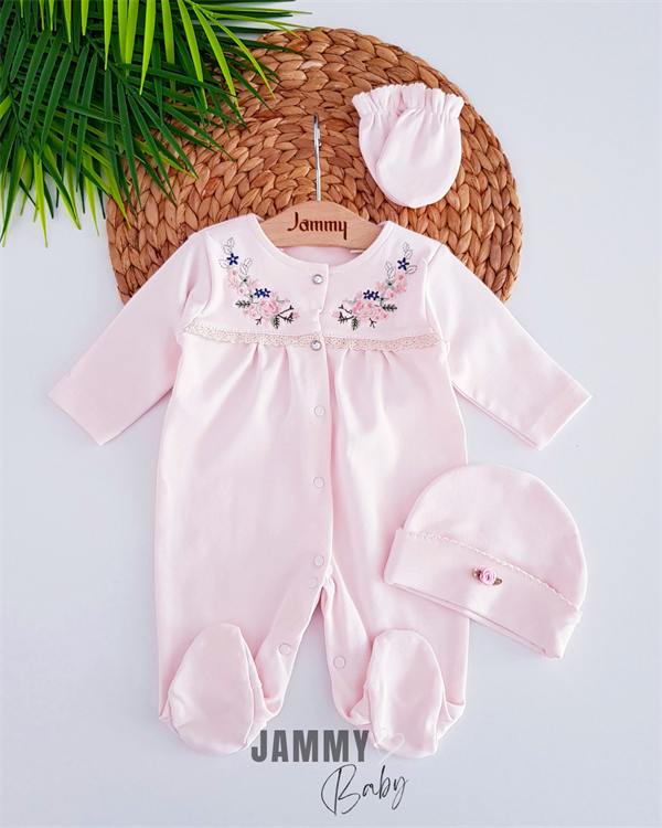 floral embroidered hat and overalls set-ekru