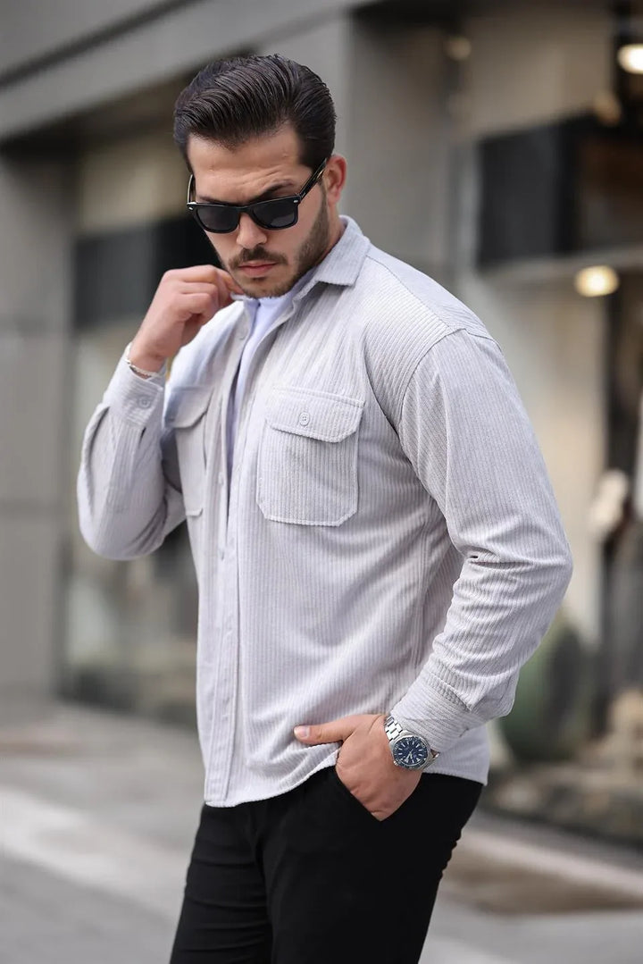 Chemise Homme en Velours Côtelé avec Poches Doubles et Détails de Garnissage