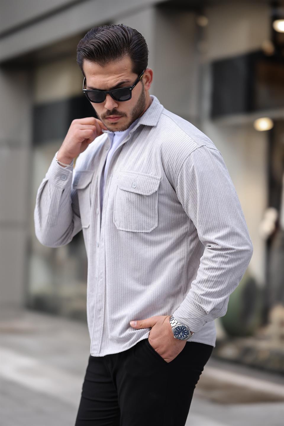 çift cepli dolgu fitilli erkek kadife gömlek - Justyol