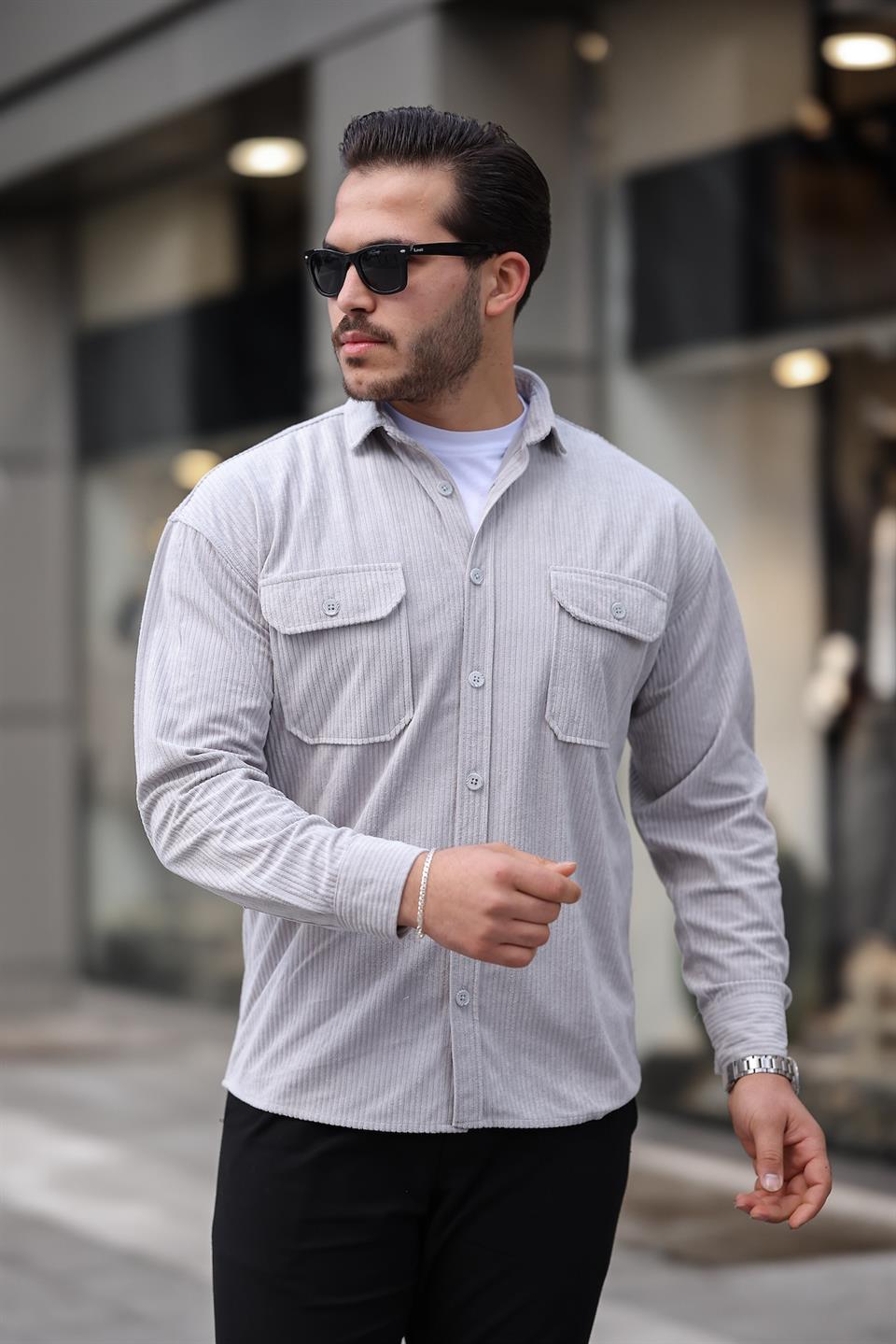 çift cepli dolgu fitilli erkek kadife gömlek - Justyol