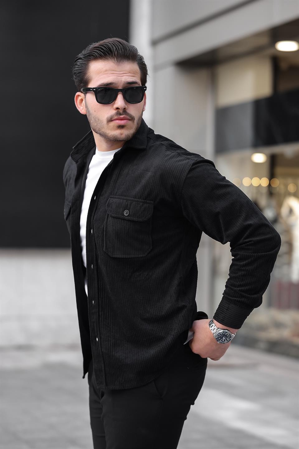 çift cepli dolgu fitilli erkek kadife gömlek - Justyol