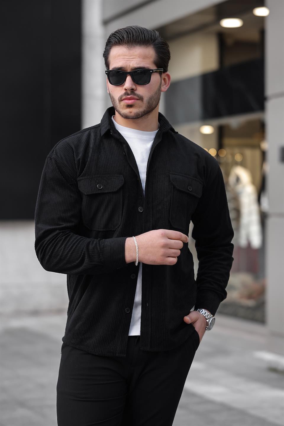 çift cepli dolgu fitilli erkek kadife gömlek - Justyol