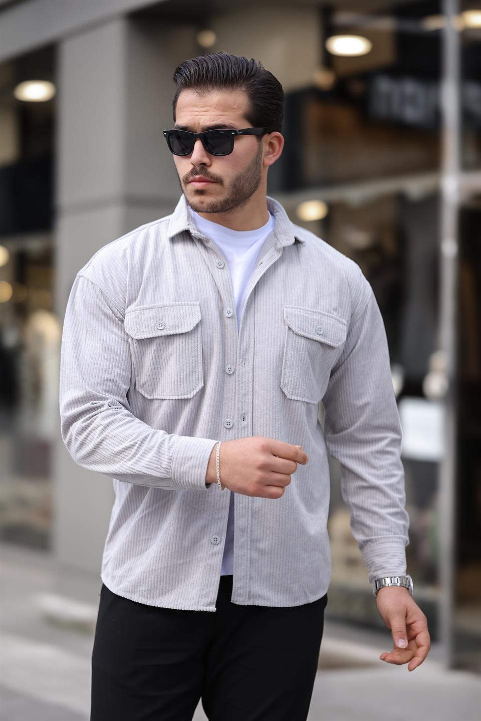 çift cepli dolgu fitilli erkek kadife gömlek - Justyol