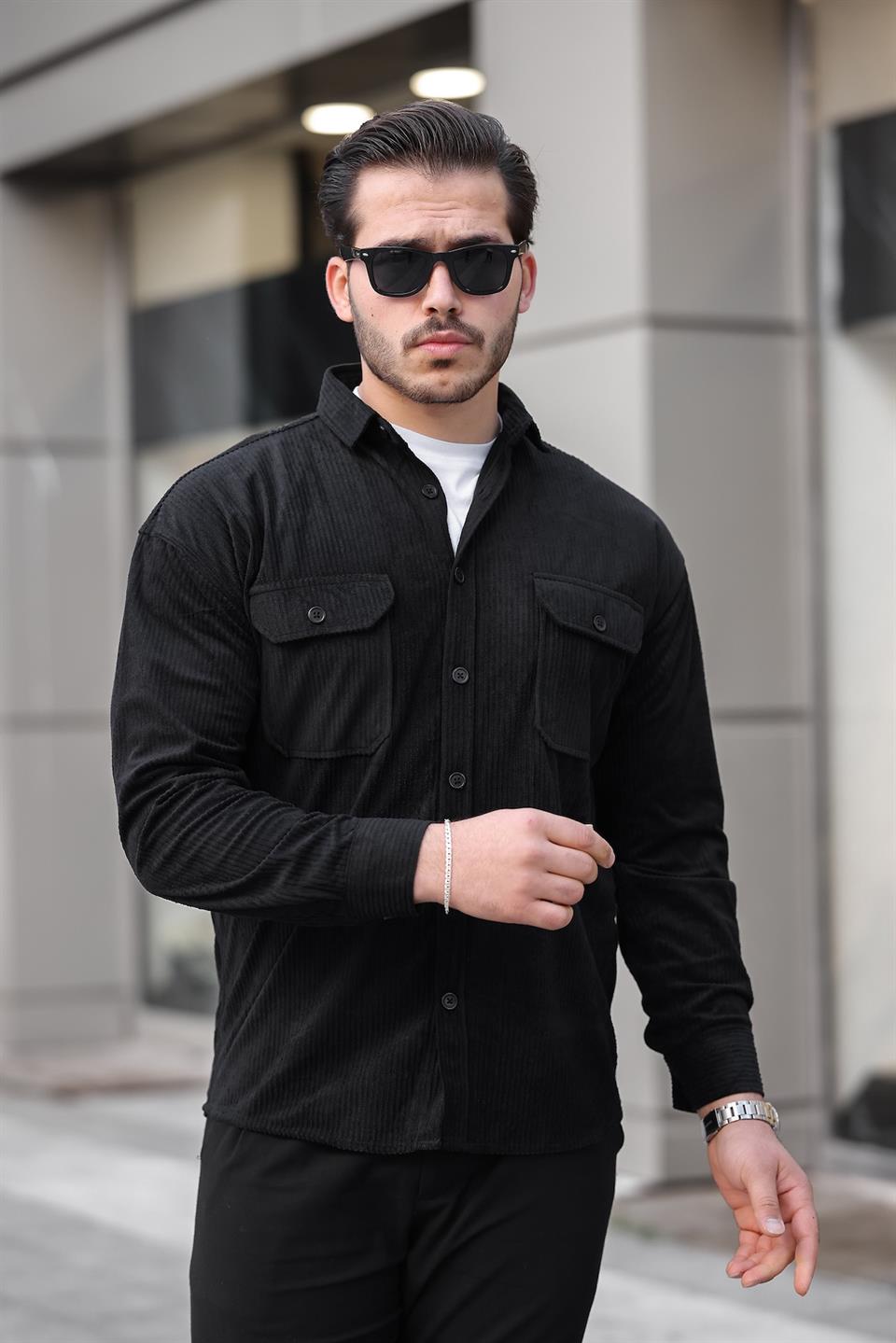 çift cepli dolgu fitilli erkek kadife gömlek - Justyol
