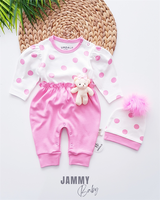 removable mobile teddy bear polka dot jumpsuit & pompom hat