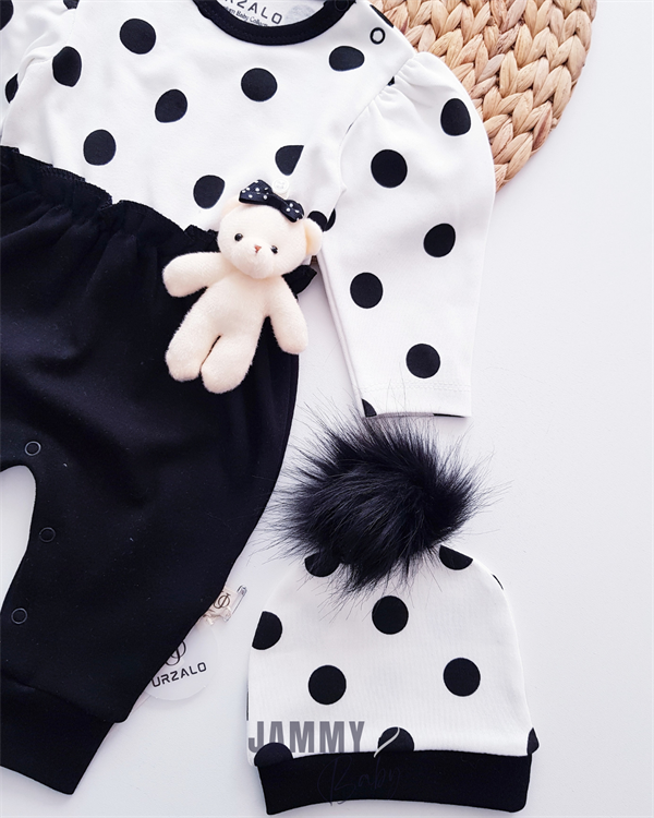 removable mobile teddy bear polka dot jumpsuit & pompom hat