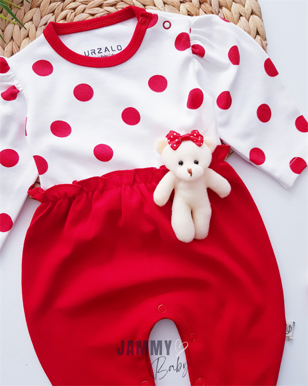 removable mobile teddy bear polka dot jumpsuit & pompom hat