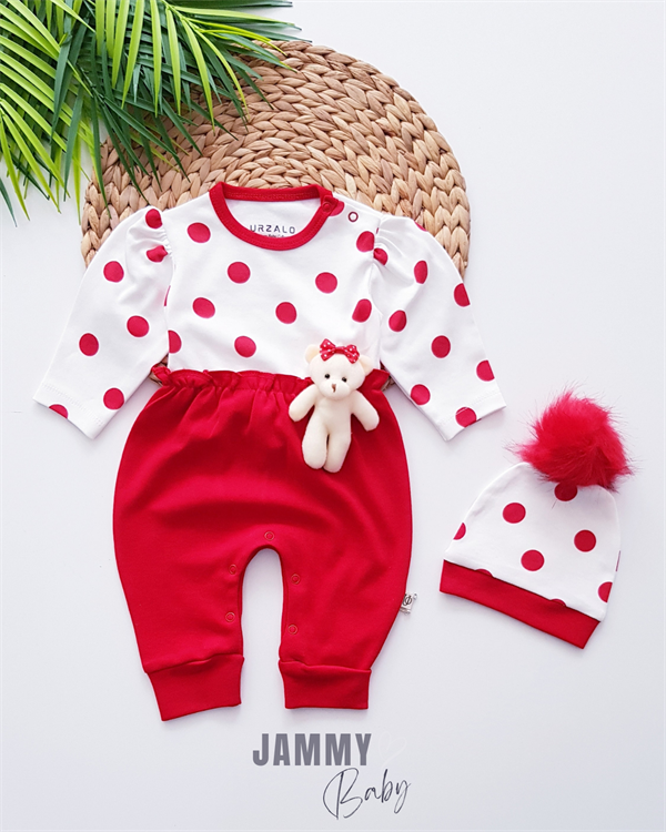 removable mobile teddy bear polka dot jumpsuit & pompom hat