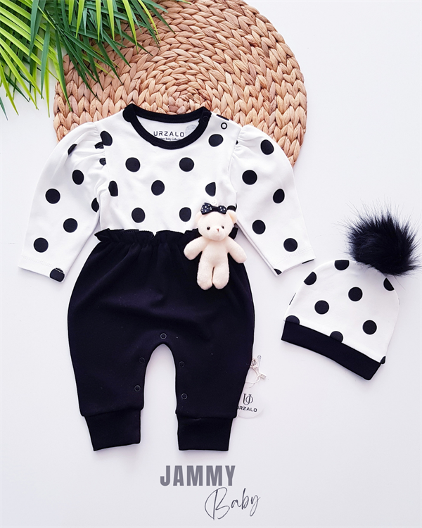 removable mobile teddy bear polka dot jumpsuit & pompom hat