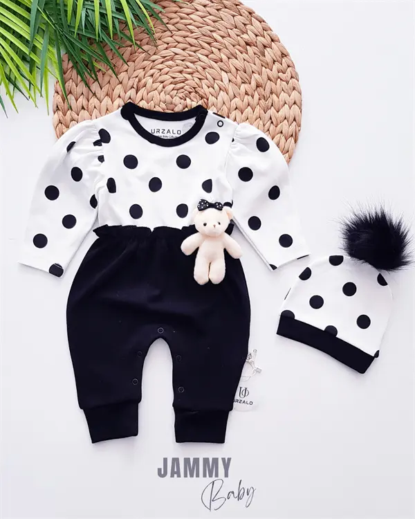 removable mobile teddy bear polka dot jumpsuit & pompom hat - Justyol