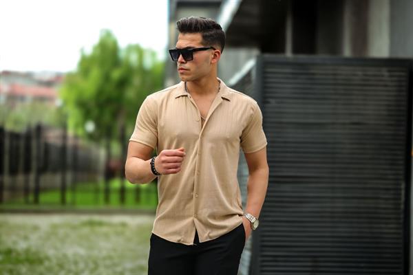 çizgi desenli kisa kol fit gömlek - Justyol