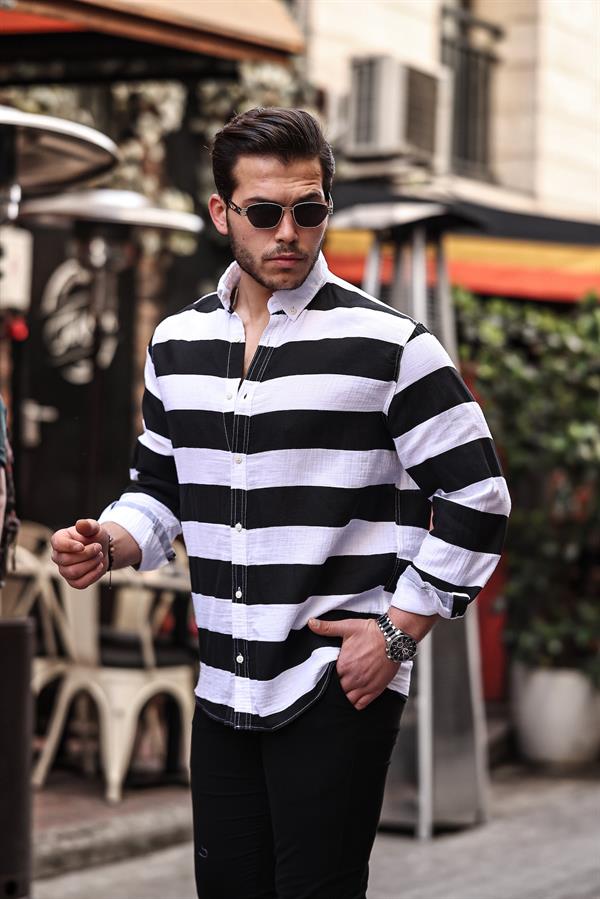 Çizgili Müslin Yıkamalı Gömlek - Justyol