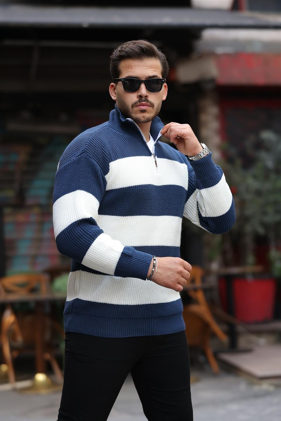 <tc>Pull en tricot pour homme à demi-fermeture éclair, oversize, à rayures et tricot côtelé de type Selanik.</tc>