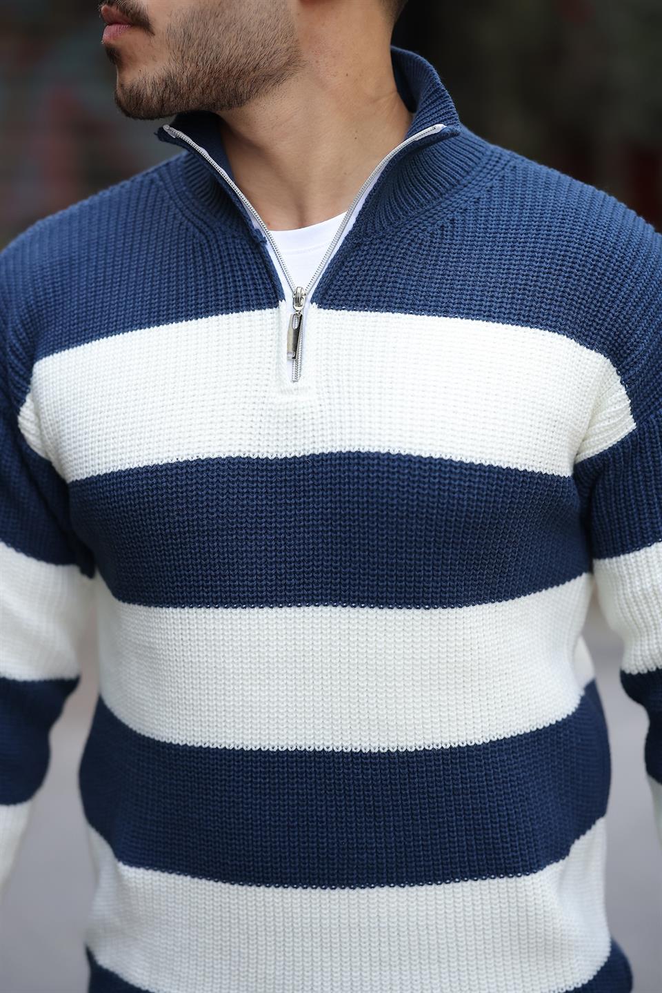 Pull Homme Pedro Rayé Demi-Zip en Maille Selanik