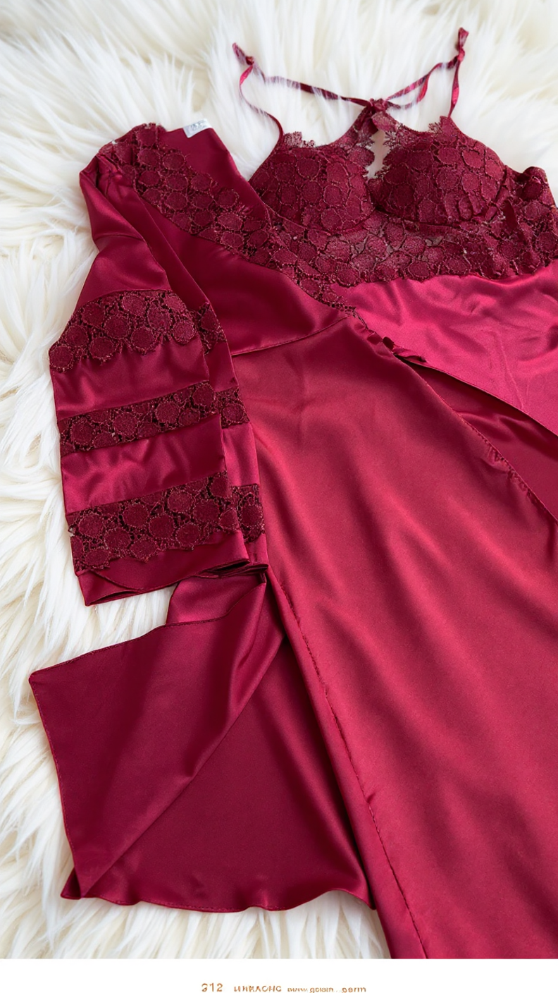 nightgown set 210 -Satin Nightwear Set with Lace Details and Robe Erotica