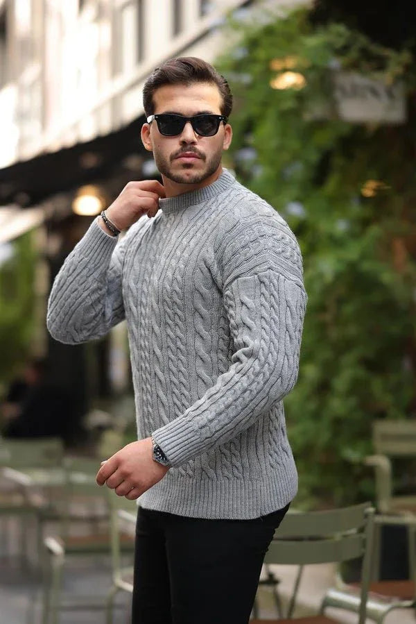 pull homme maille tressée col rond confort - Justyol