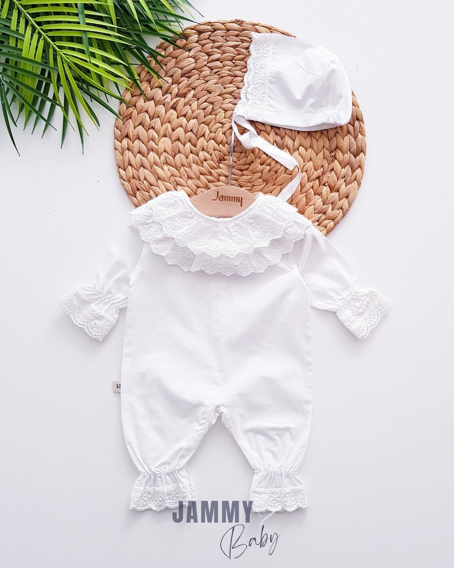 Coraline Scallop Lace Jumpsuit Set With Hat - EKRU - Justyol