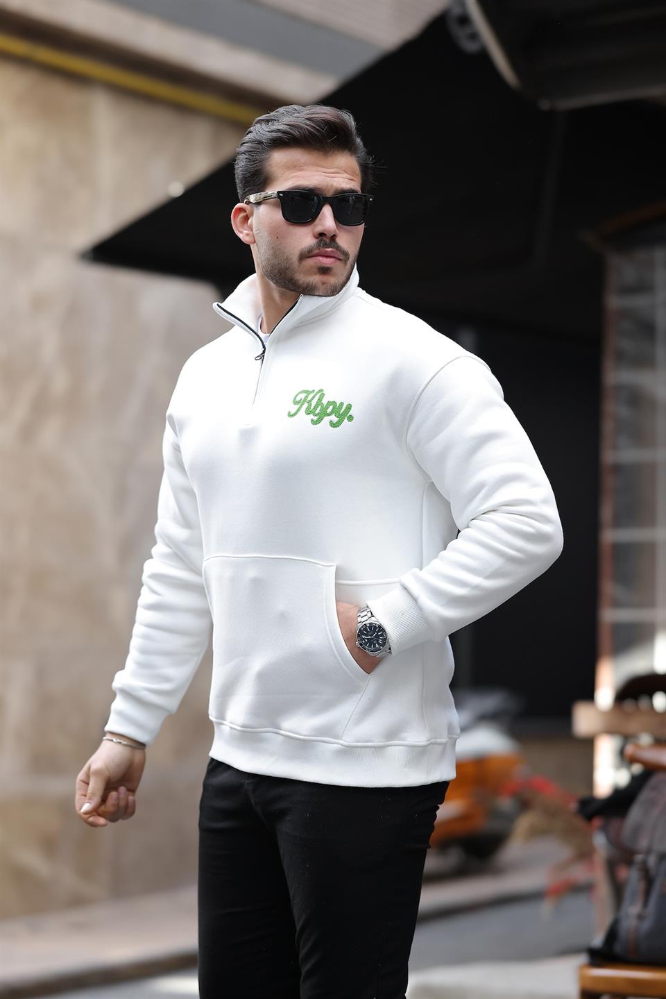 Cozy Kanguru Nakışlı Şardonlu Yarım Fermuar Sweatshirt - Justyol