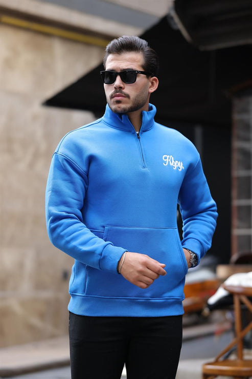 Cozy Kanguru Nakışlı Şardonlu Yarım Fermuar Sweatshirt