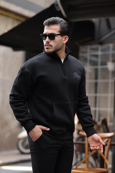 Cozy Kanguru Nakışlı Şardonlu Yarım Fermuar Sweatshirt