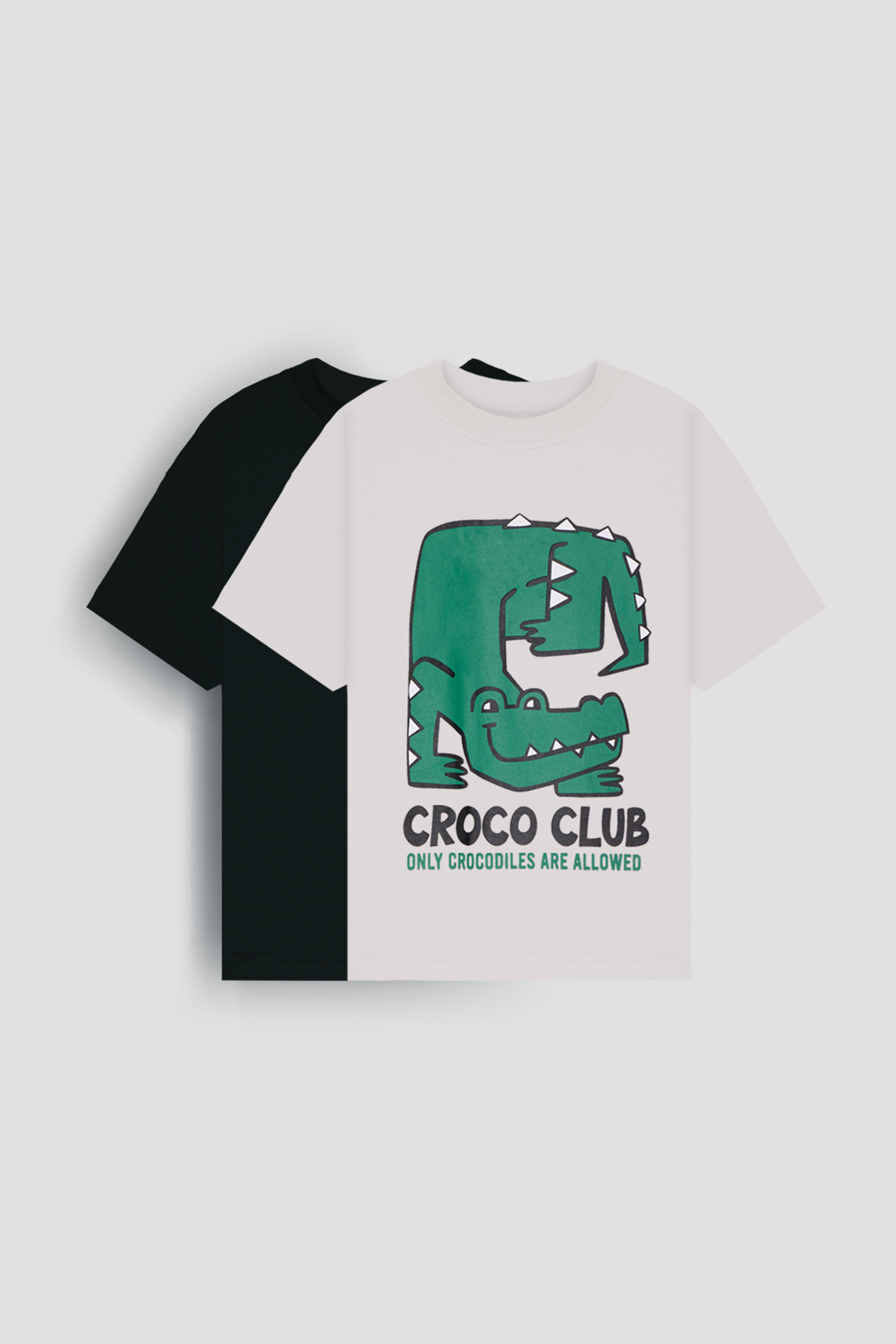 croco club erkek çocuk 2li oversize tişört - pamuklu kumaş - croco baskili ekru & siyah kombini