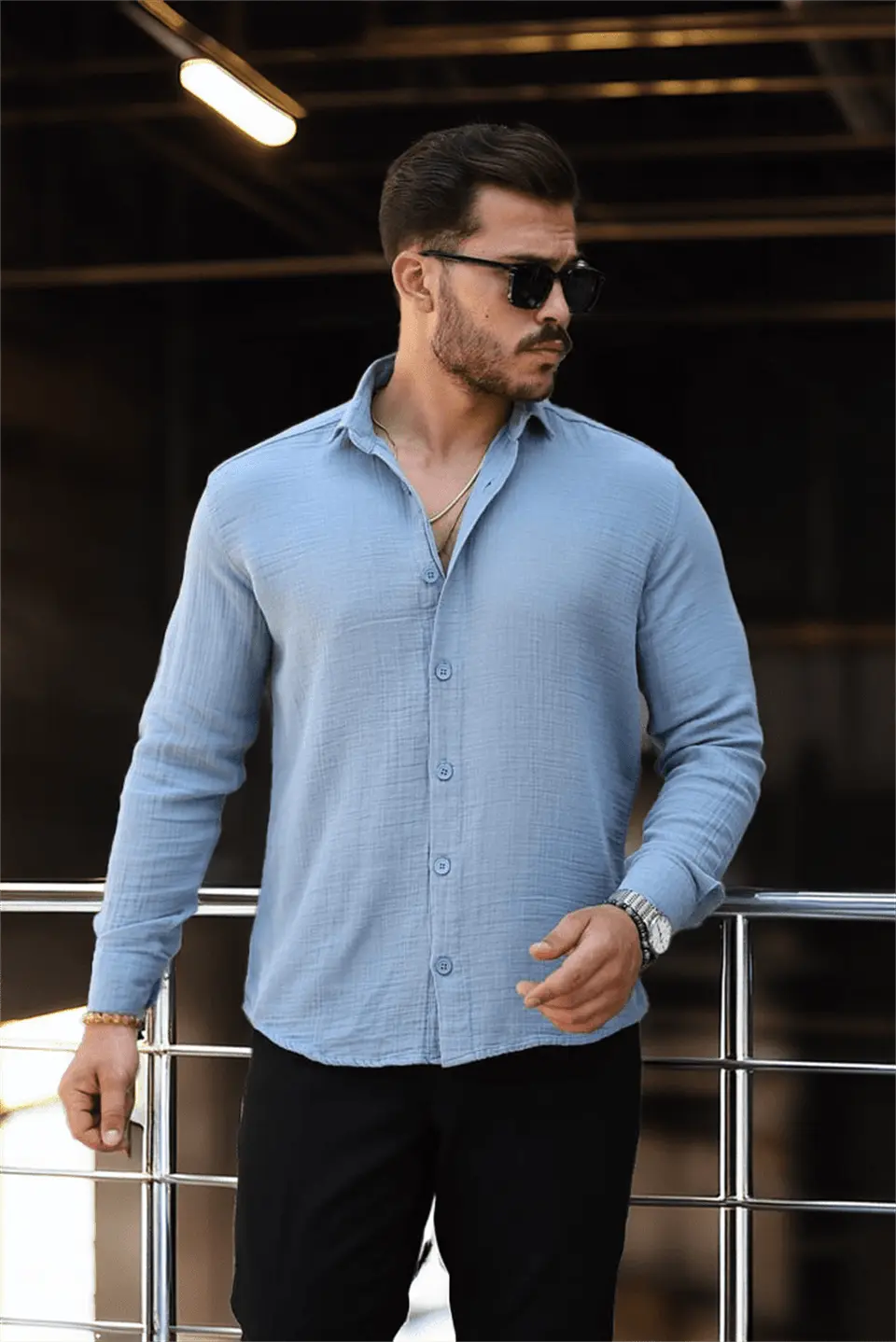 nefes alabilir yarim oversize müslin kumaş uzun kol yakali erkek gömlek - Justyol