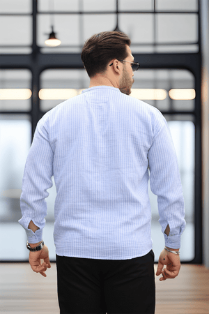 çizgili müslin kumaş yarim pat erkek gömlek - Justyol