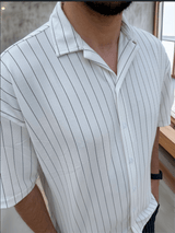 apaş yaka krep kumaş çizgili yarim oversize erkek gömlek - Justyol