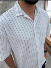 apaş yaka krep kumaş çizgili yarim oversize erkek gömlek - Justyol