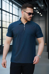 likrali örme yarim fermuar polo yaka erkek tişört - Justyol