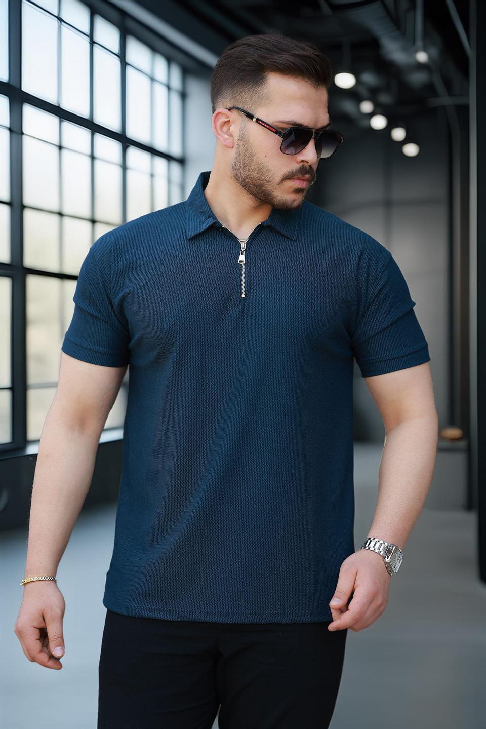 likrali örme yarim fermuar polo yaka erkek tişört - Justyol