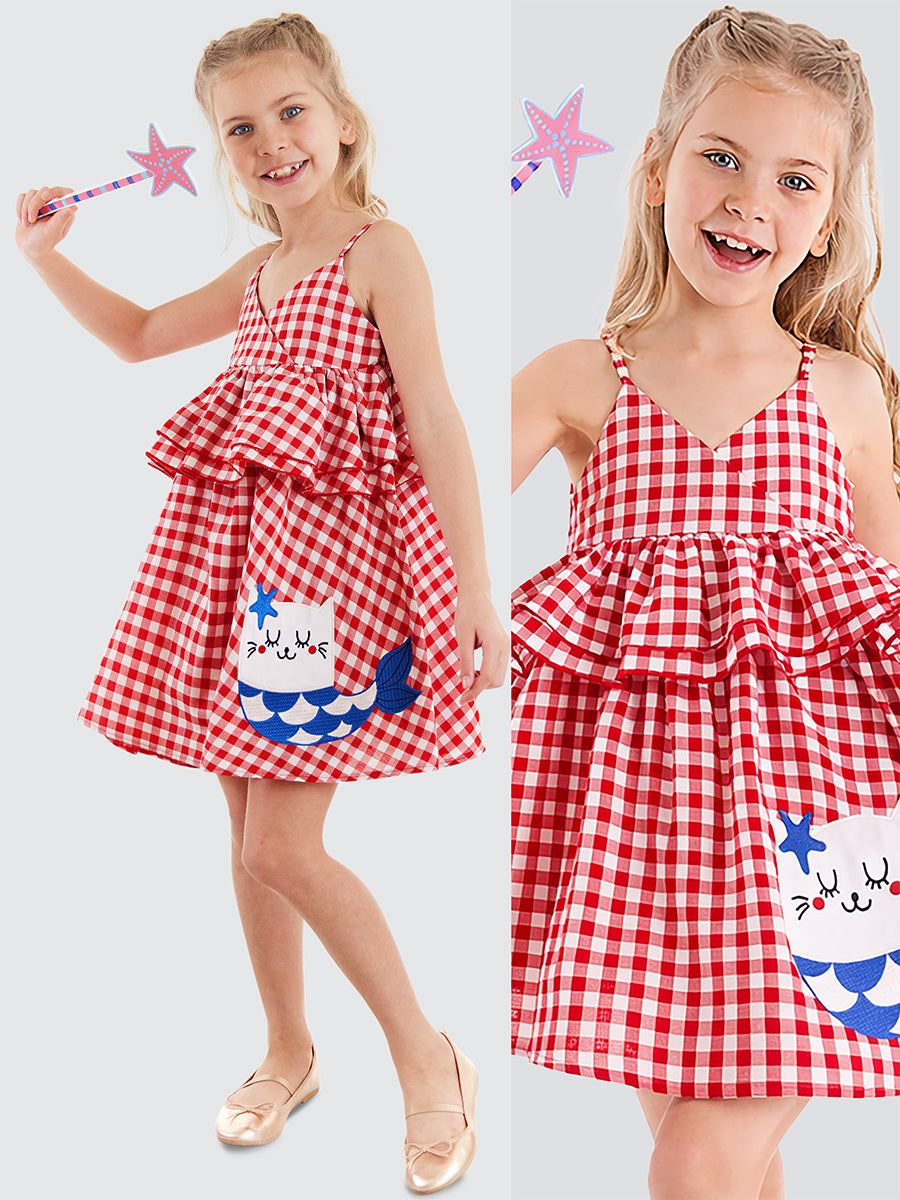 Robe Fille à Carreaux avec Motif Chat & Volants – Robe Été à Bretelles Réglables