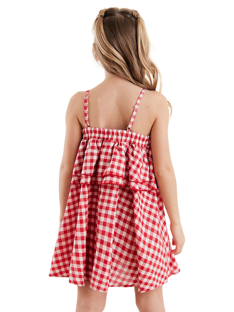 Robe Fille à Carreaux avec Motif Chat & Volants – Robe Été à Bretelles Réglables