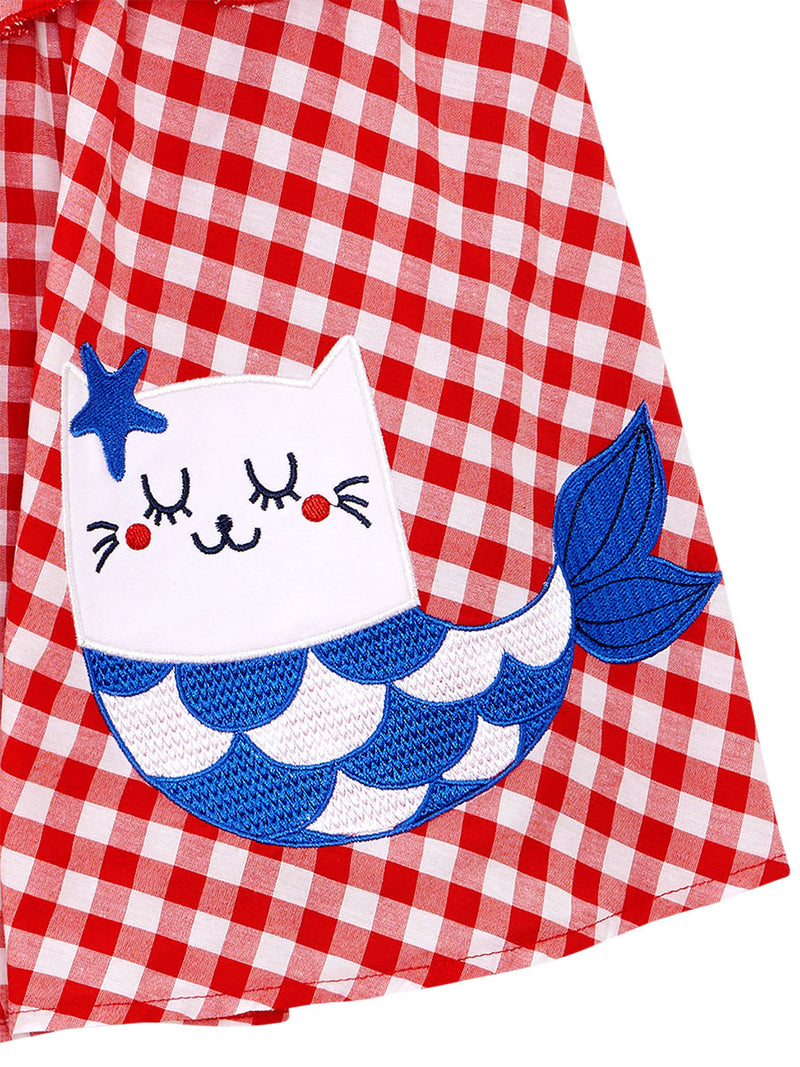 Robe Fille à Carreaux avec Motif Chat & Volants – Robe Été à Bretelles Réglables