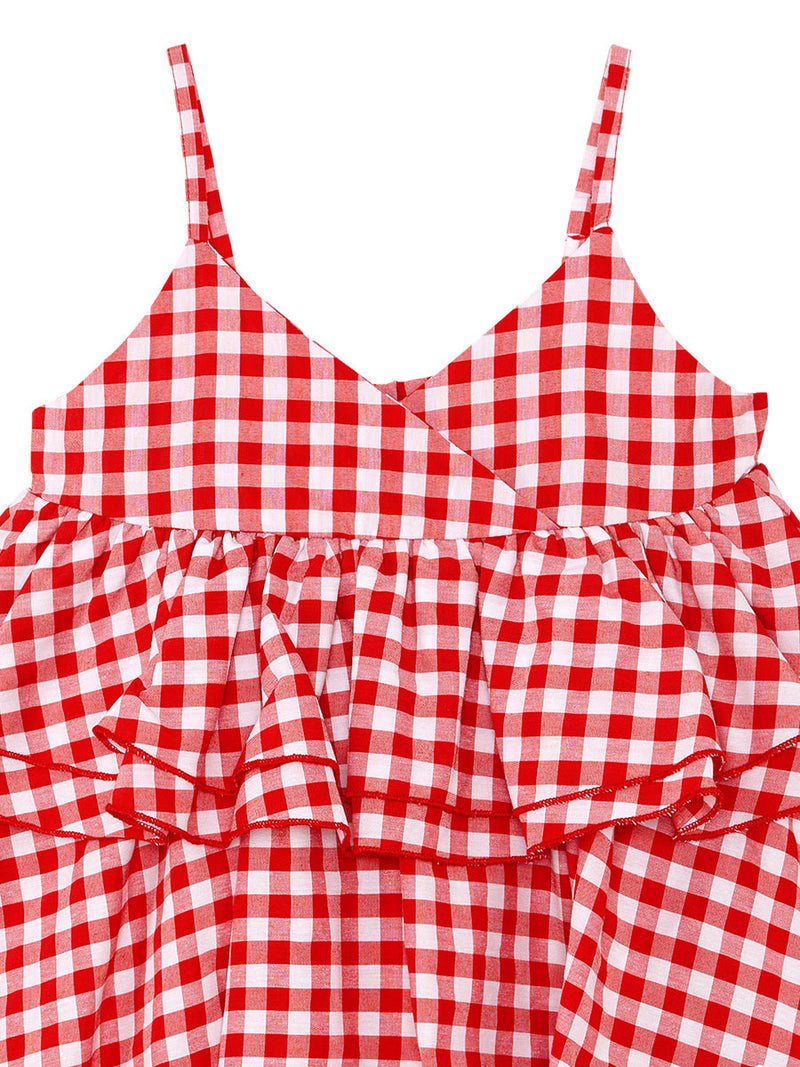Robe Fille à Carreaux avec Motif Chat & Volants – Robe Été à Bretelles Réglables