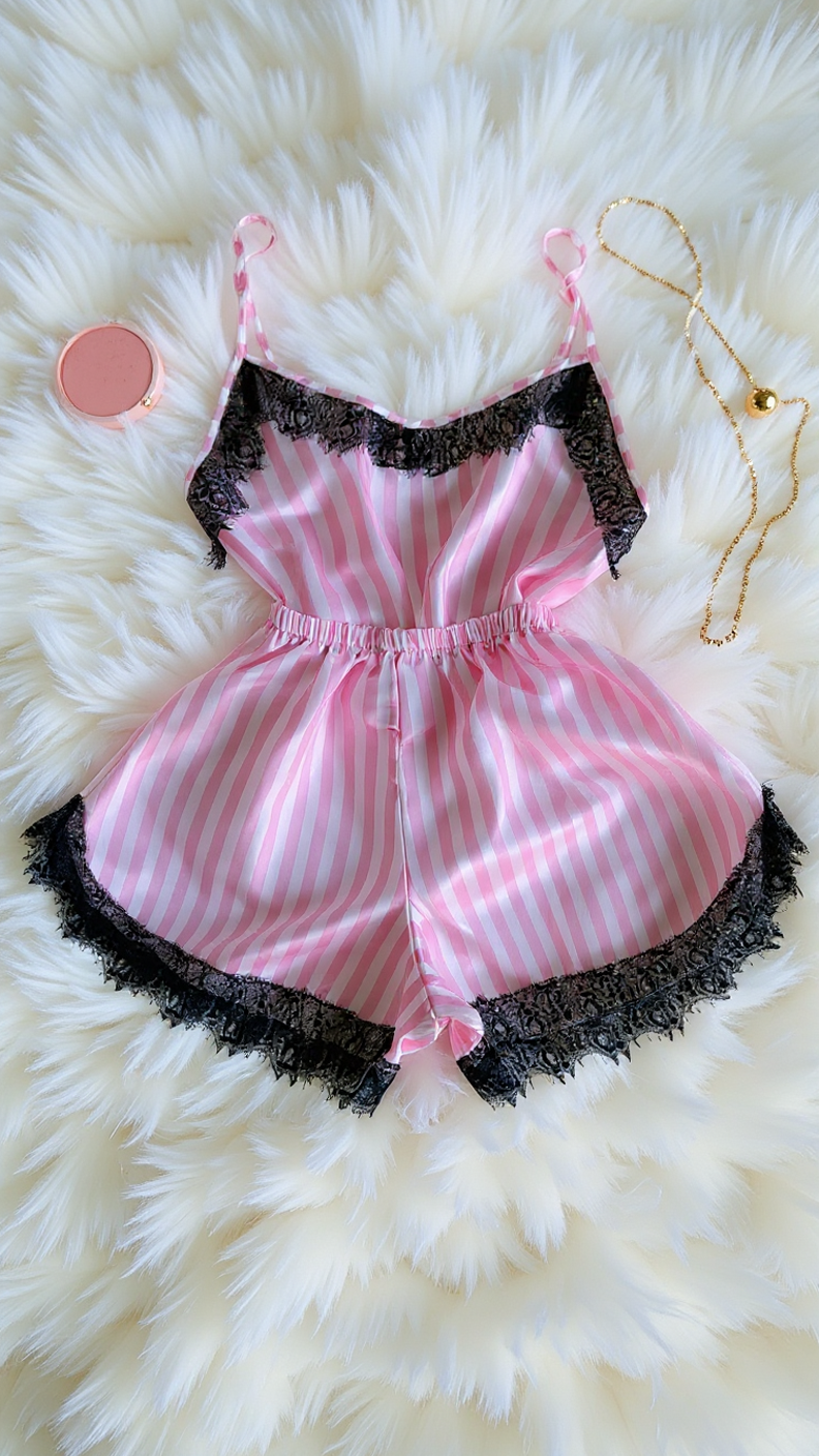 Nightsuit 155 -Striped Satin Nightwear Set with Elegant Lace Detail Erotica