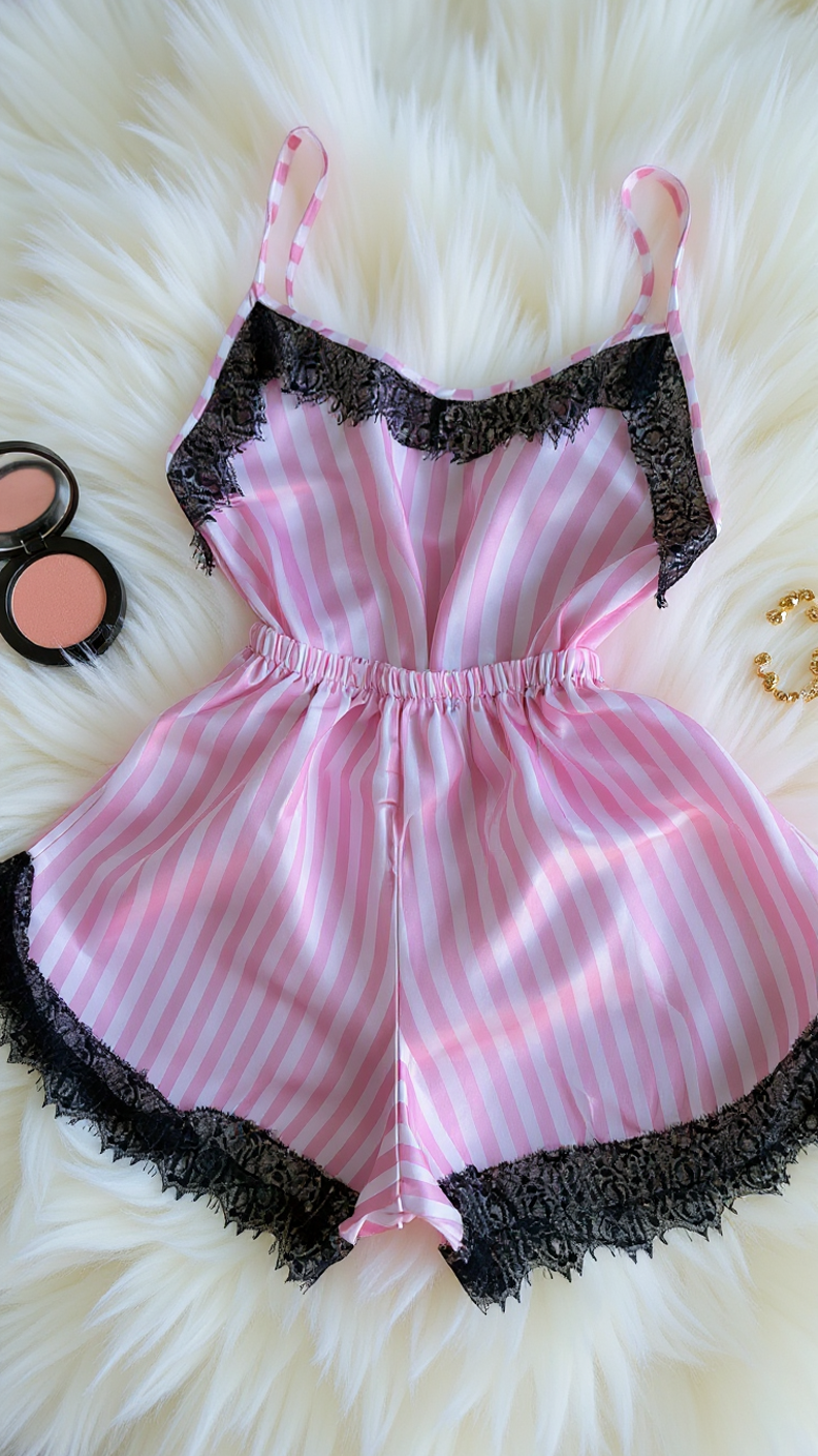 Nightsuit 155 -Striped Satin Nightwear Set with Elegant Lace Detail Erotica