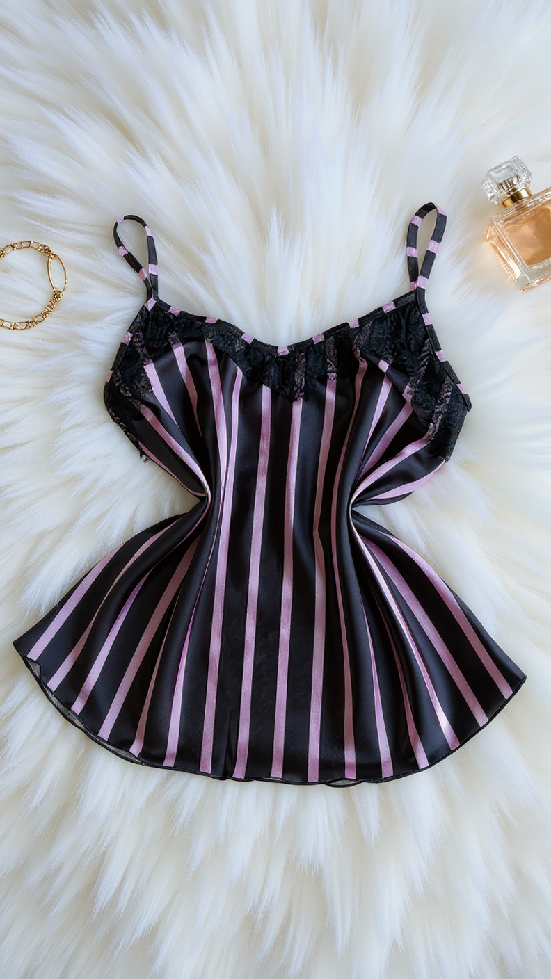 Nightsuit 155 -Striped Satin Nightwear Set with Elegant Lace Detail Erotica