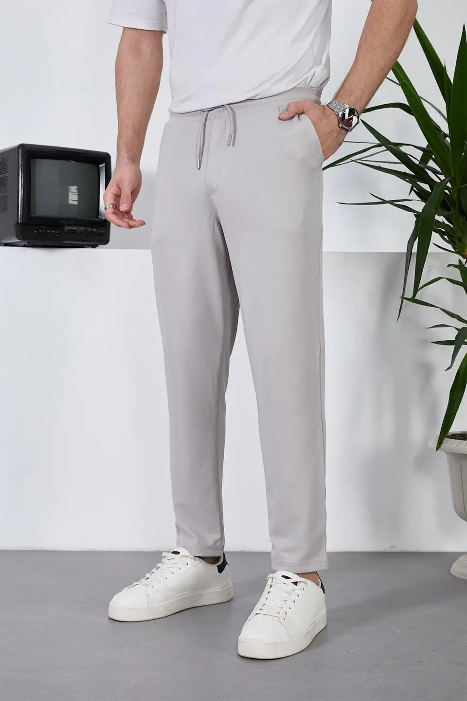 hafif ve nefes alabilir erkek diagonal dokulu beli lastikli pantolon - Justyol