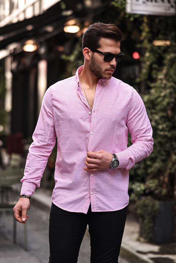 Dik Şerit Çizgili Flam Keten Gömlek - Justyol