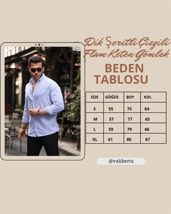 Dik Şerit Çizgili Flam Keten Gömlek - Justyol