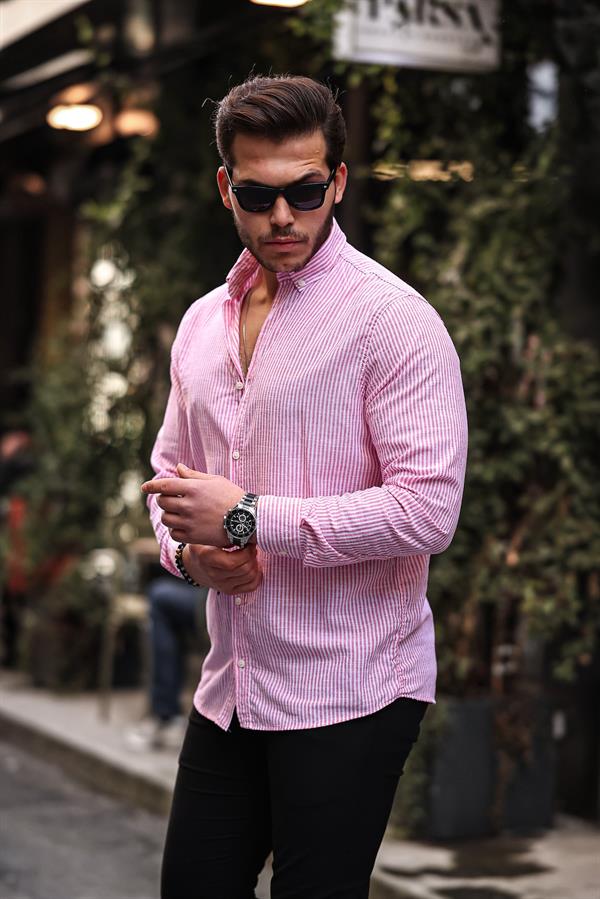 Dik Şerit Çizgili Flam Keten Gömlek - Justyol