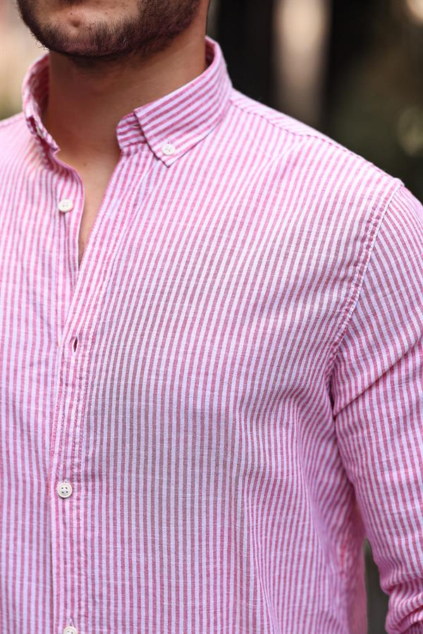 Dik Şerit Çizgili Flam Keten Gömlek - Justyol